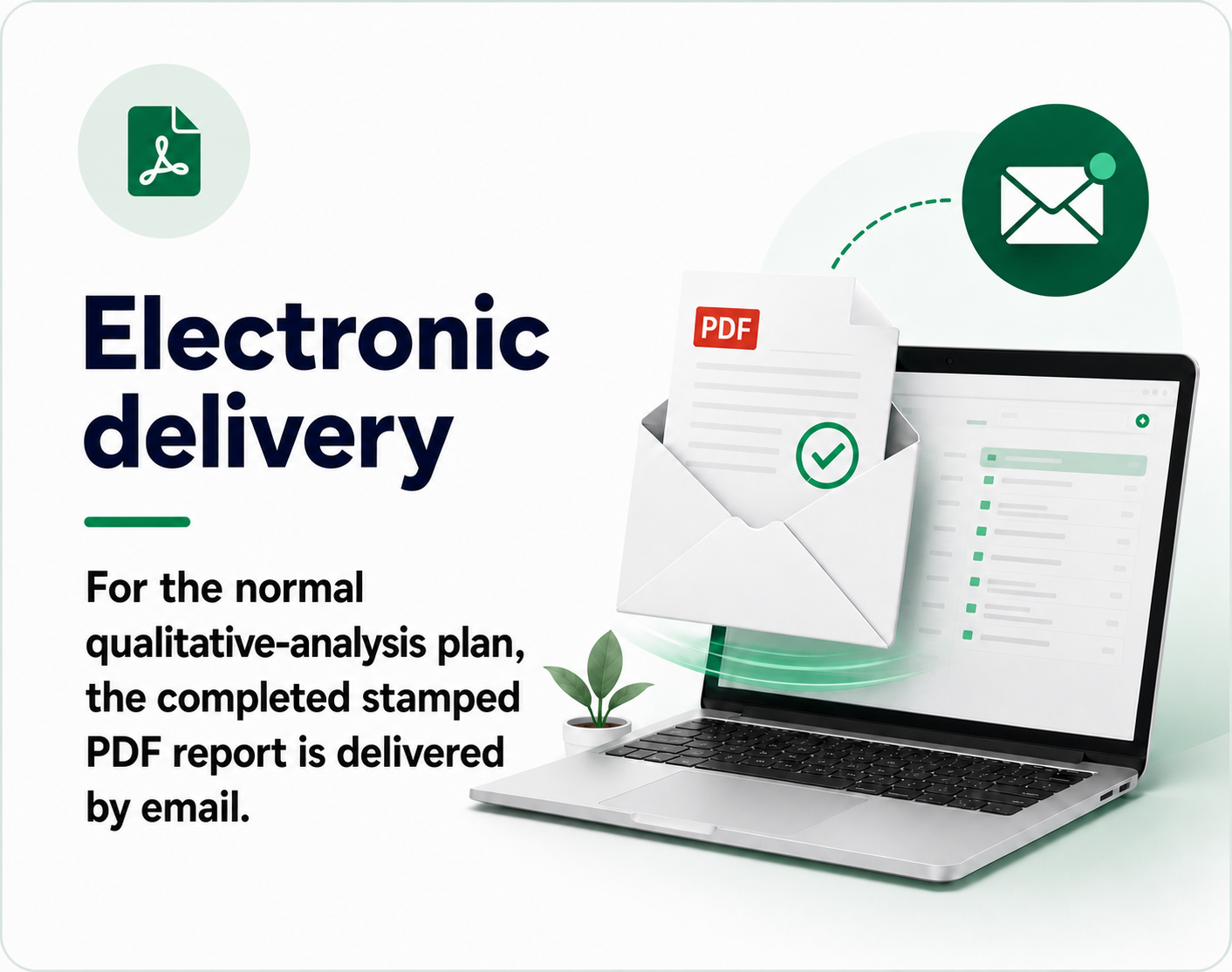 Electronic delivery: for the normal qualitative-analysis plan, the completed stamped PDF report is delivered by email