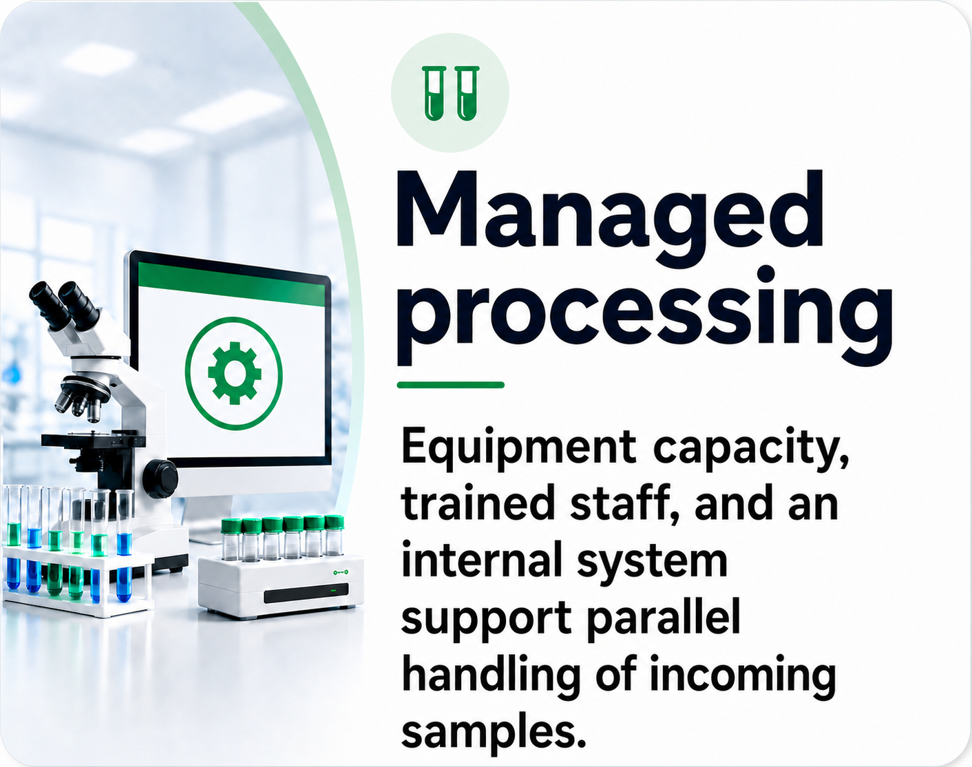 Managed processing: equipment capacity, trained staff, and an internal system support parallel handling of incoming samples