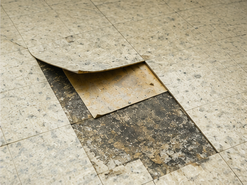 Damaged vinyl flooring and adhesive layers.