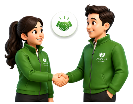 Partnership illustrated with 3D Alfred team members shaking hands.