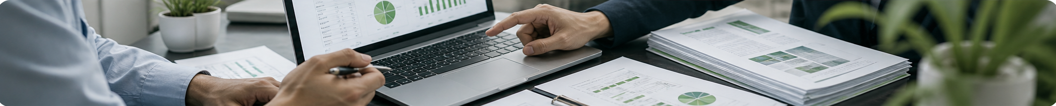Consulting workflow with laptop analytics and printed reports