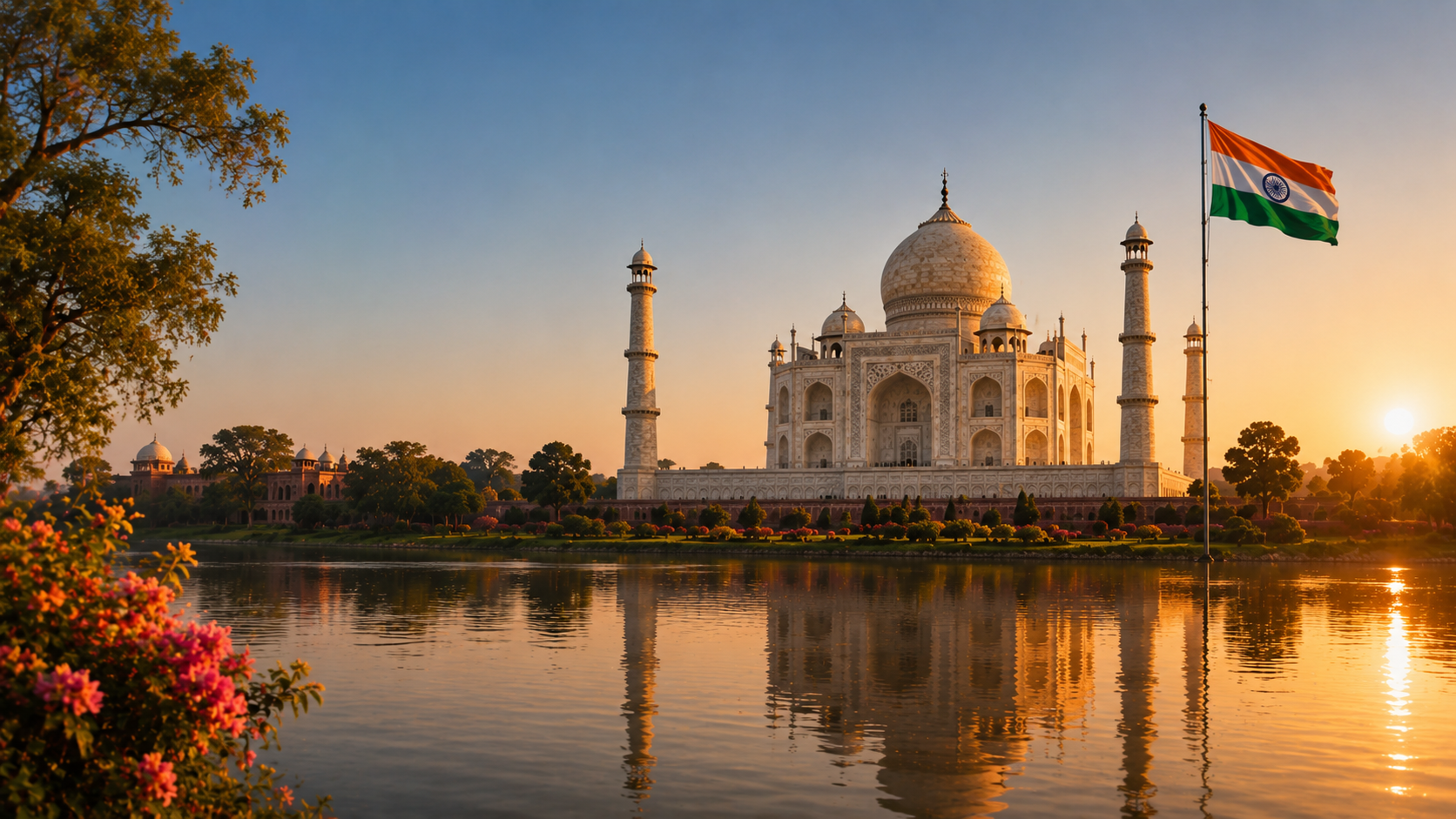 India landscape with Taj Mahal, water reflection, and Indian flag